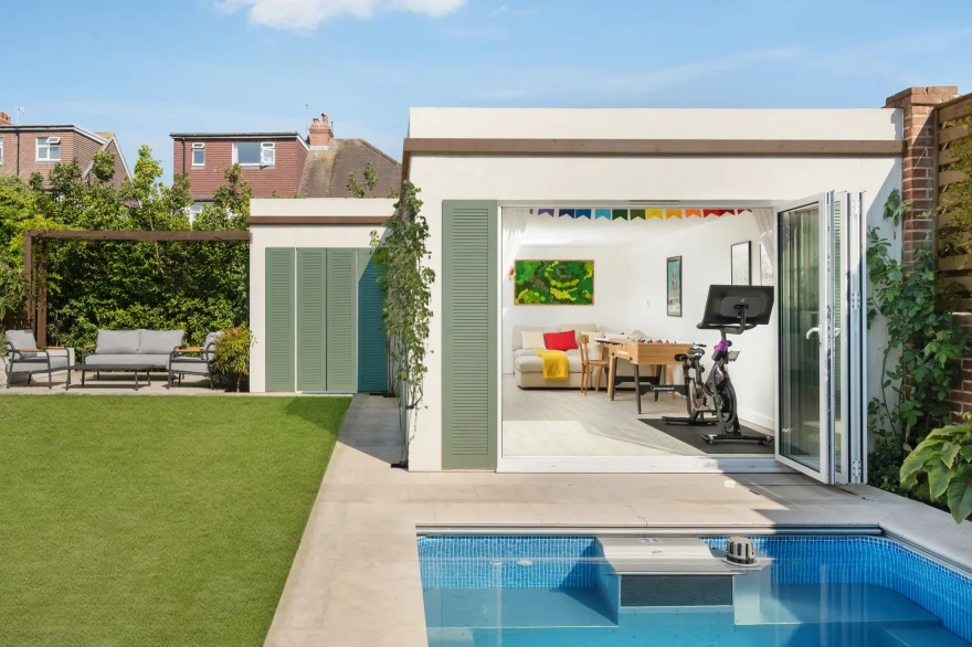 Mediterranean Modern Pool Room & Storage garden image 2